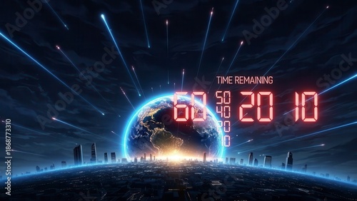 Countdown timer displaying 50 seconds amidst futuristic city skyline encircled by earth planet with shooting stars and cosmic energy beams in dark space. End of world concept