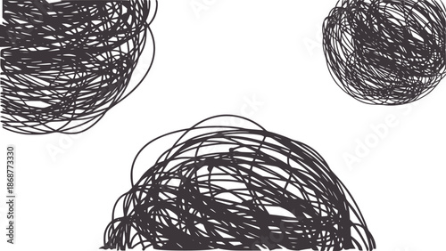 Minimalist black ink scribbles forming three abstract shapes