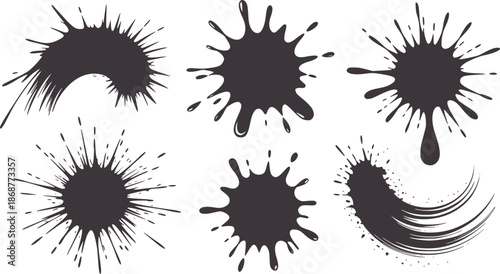 Monochrome abstract ink splatter explosion in various dynamic shapes black