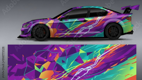 A vibrant abstract geometric car wrap design on a sports coupe, featuring purple, blue, green, orange, and pink colors.
