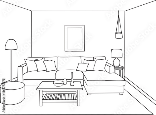 Interior design with modern living room in black sketch line on white background. Line drawing of Living room with modern furniture editable stroke. Living room line. Modern interior and furniture.