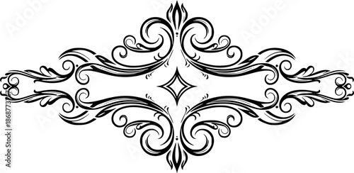 Elegant black ornamental flourish divider with swirls and diamond shape
