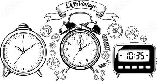 Vintage clock illustration featuring alarm clocks and digital clock
