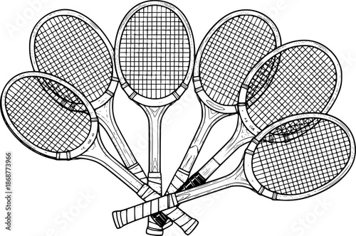 Vintage tennis rackets illustration in black and white on a clean white background
