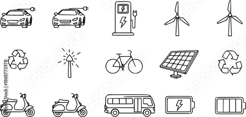 Electric vehicle icons set for eco-friendly transportation and green energy
