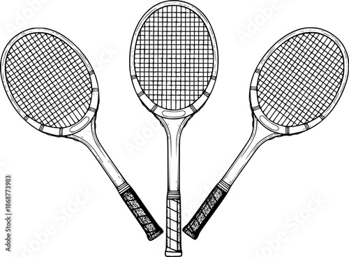 Vintage tennis rackets illustration in black and white on a clean white background
