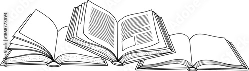 Line art illustration of three open books on a white background
