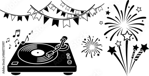 Party icons: bunting, record player, and fireworks for celebration and music events
