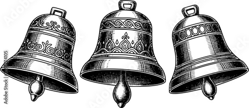 Engraved illustration of three antique bells in a row on a white background
