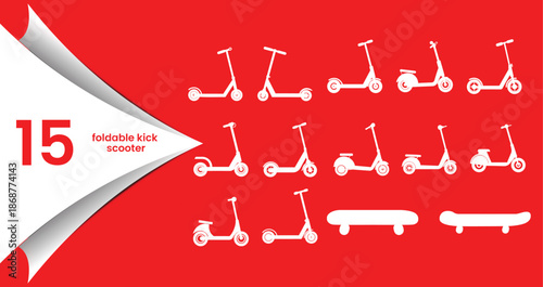 Set of 15 Flat Foldable Kick Scooter and Skateboard Icons