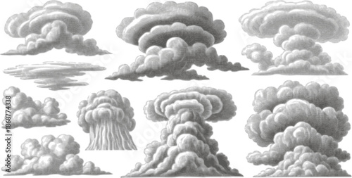 Vintage cloud illustrations in a classic engraving style on a white background
