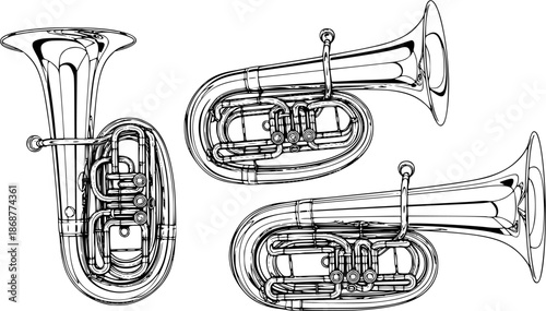 Detailed illustration of three tuba instruments on a white background
