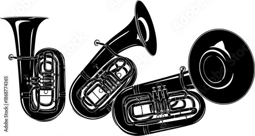 Detailed illustration of three tuba instruments on a white background
