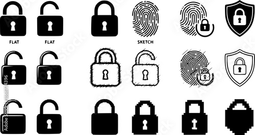 Various lock icon styles: flat, sketch, and pixel designs for security concepts
