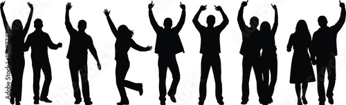 Group of people celebrating silhouette, happy crowd dancing together, success celebration, teamwork, victory, positive energy, joyful moment illustration