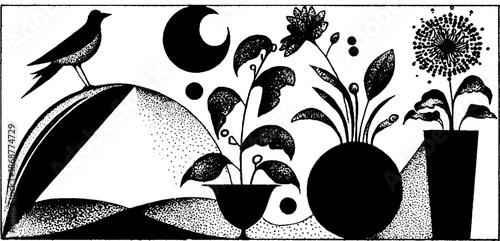 Monochrome nature scene with bird and stylized plants in geometric composition