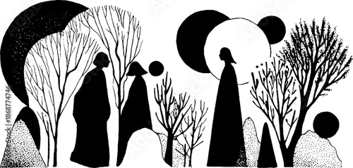 Abstract silhouettes among trees and moon shapes in black and white