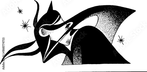 Abstract geometric figure with star accents and dynamic black shapes