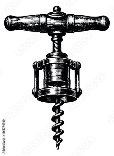 Vintage style illustration of a corkscrew depicting a traditional design for wine and drink concepts