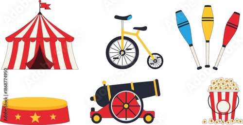 Flat vector set of 6 circus items big top tent unicycle juggling clubs cannon podium and popcorn