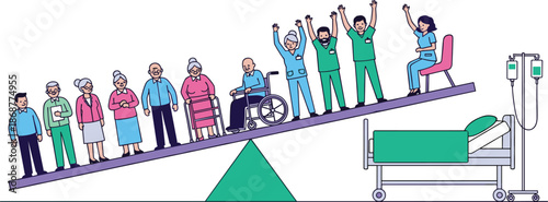 Healthcare system balance concept illustration, doctors nurses and elderly patients on scale, medical care priority, hospital support vector