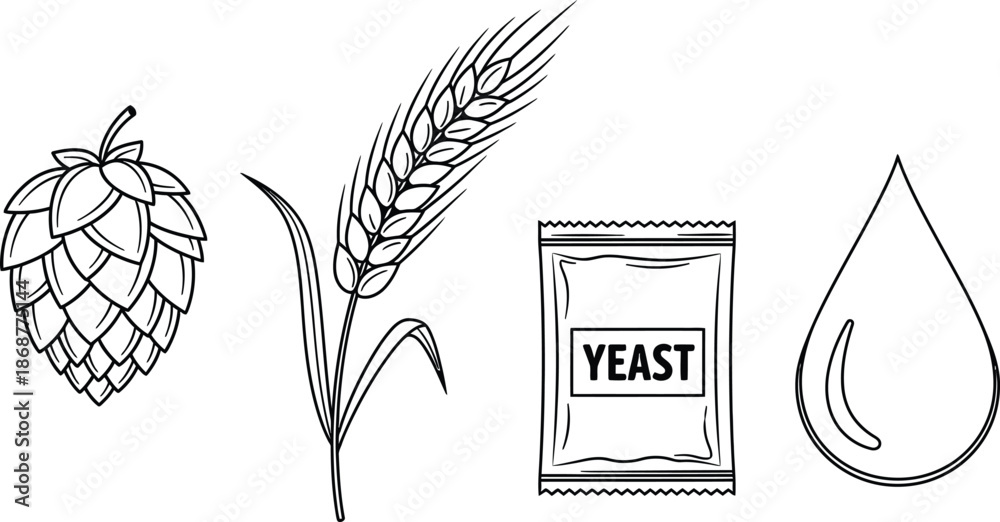 Fototapeta premium Outline illustration set of 4 beer brewing ingredients hops cone barley stalk yeast packet and water drop