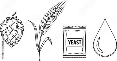 Outline illustration set of 4 beer brewing ingredients hops cone barley stalk yeast packet and water drop
