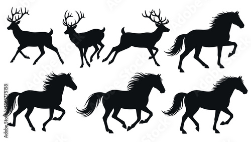 Black silhouettes of horses and deer running, animal icons for design
