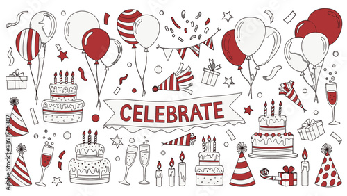 Celebration icons set with balloons, cakes, and party decorations, red and white