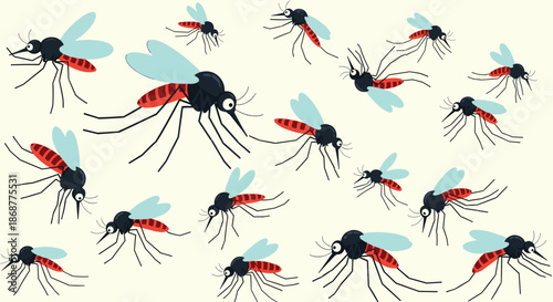 A swarm of cartoon mosquitoes with red bodies and blue wings flying around on a light yellow background, creating a whimsical and slightly unsettling scene