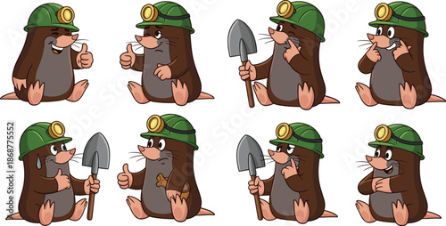 A cartoon mole miner character with various expressions and poses, isolated on white background, showcasing different emotions and actions in a playful manner