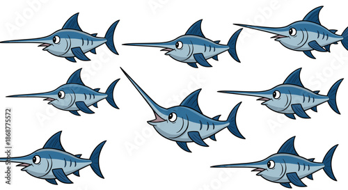 A group of cartoon swordfish swimming together on an isolated on white background, creating a playful and vibrant scene with their unique features