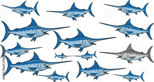 A group of cartoon marlin fish swimming together on an isolated on white background, creating a playful and vibrant marine scene with different sizes