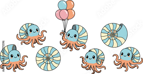 Cute nautilus cartoon characters with balloons isolated on white background adorable cephalopod mollusks with spiral shells and tentacles illustration