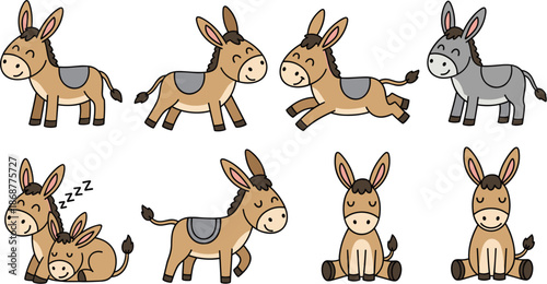 Adorable cartoon donkeys in various poses isolated on white background cute donkey standing, running, sleeping, sitting vector illustration of farm animals