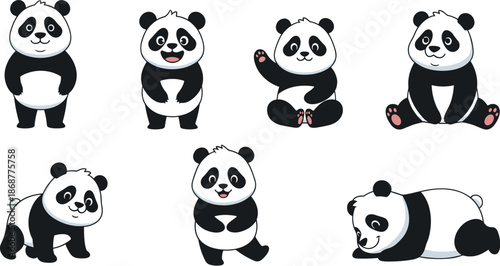Collection of adorable panda bears in various poses, isolated on white background these cute cartoon animals are perfect for childrens illustrations