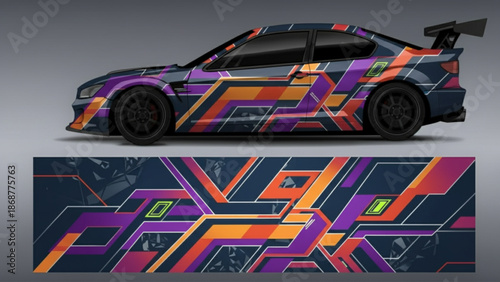 Sports car with vibrant geometric abstract vinyl wrap design and full graphic display.
