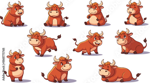 A set of adorable cartoon bull illustrations in various poses, isolated on white background, showcasing their playful and charming nature