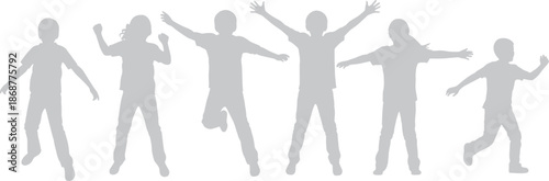 Set of joyful kids silhouettes in light grey, happy children jumping, running, and celebrating in active poses for architectural rendering and lifestyle design.