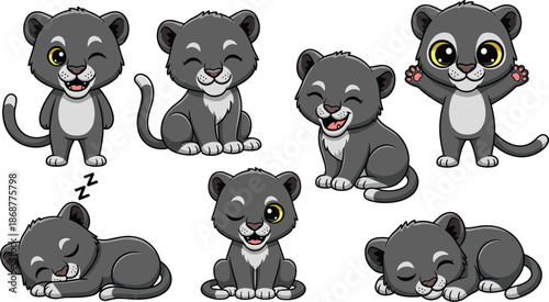 Set of cute cartoon black panther cub in different expressions isolated on white background vector illustration of funny baby animal in various poses
