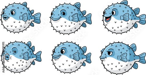 Collection of six adorable blue pufferfish cartoon characters with different expressions isolated on white background happy, sad, angry and surprised fish