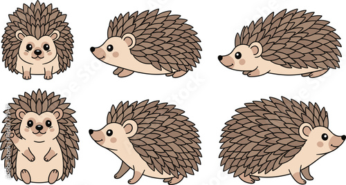 Set of cute hedgehogs in different poses isolated on white background adorable cartoon animal with spiny coat vector illustration of forest creature