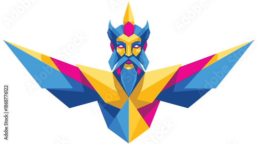 Powerful low poly geometric winged character or mythical deity in vibrant colors for entertainment industry gaming branding and creative marketing identity assets.