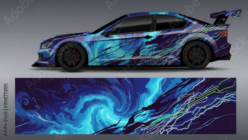 Side view of a custom sports car with a vibrant blue and purple abstract lightning and swirl graphic vinyl wrap design, showcasing a dynamic and energetic aesthetic.