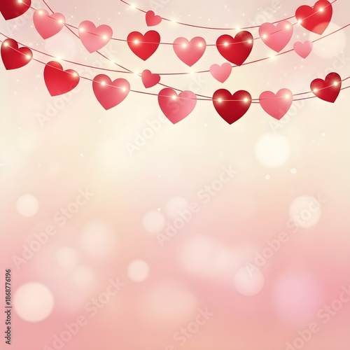 Red hearts hanging on string with soft pink bokeh background  