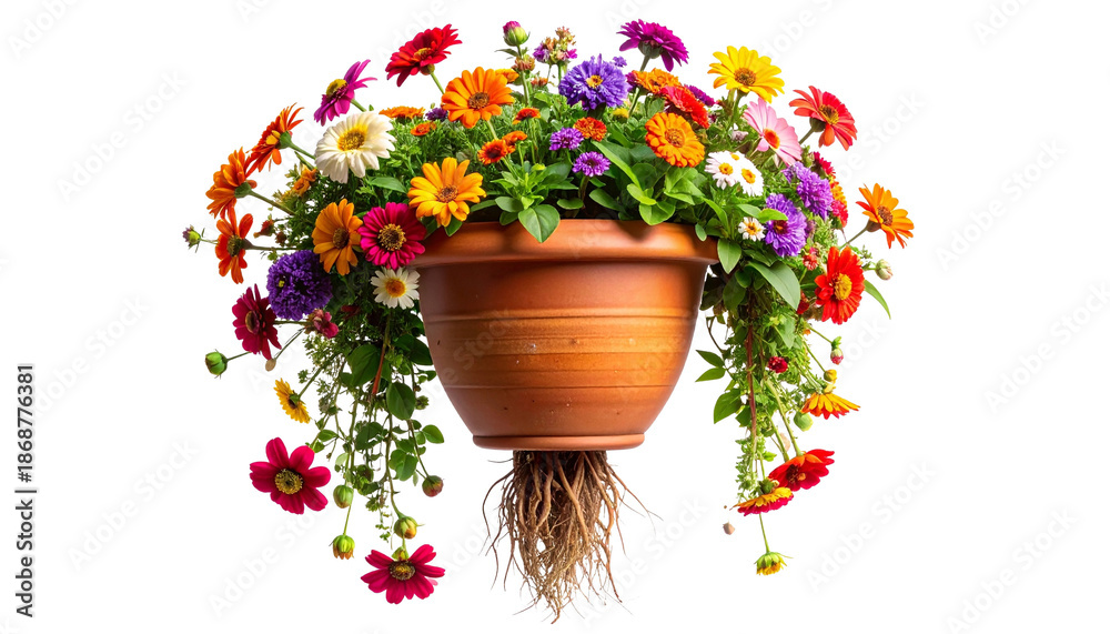 Naklejka premium Joyful Whimsical Upside-Down Bloom Pot Isolated Transparent PNG AI Generated Delight Element
