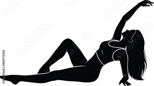 Sexy woman silhouette lying pose, feminine beauty and sensual body shape, elegance, confidence, fashion art, minimal black vector illustration