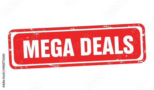 Red stamp with white text reading mega deals