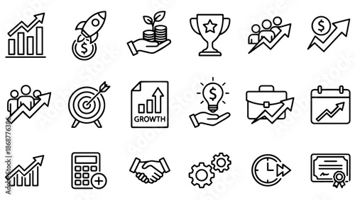 Business & Financial Growth Icons Set, Success, Profit and Performance Symbols, business icons, financial growth icons, success icons, profit icons, revenue growth, startup icons, rocket icon, 