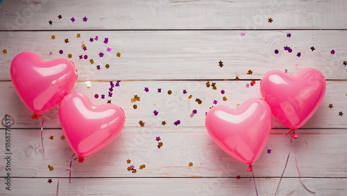 Pink heart balloons with confetti on wooden background  